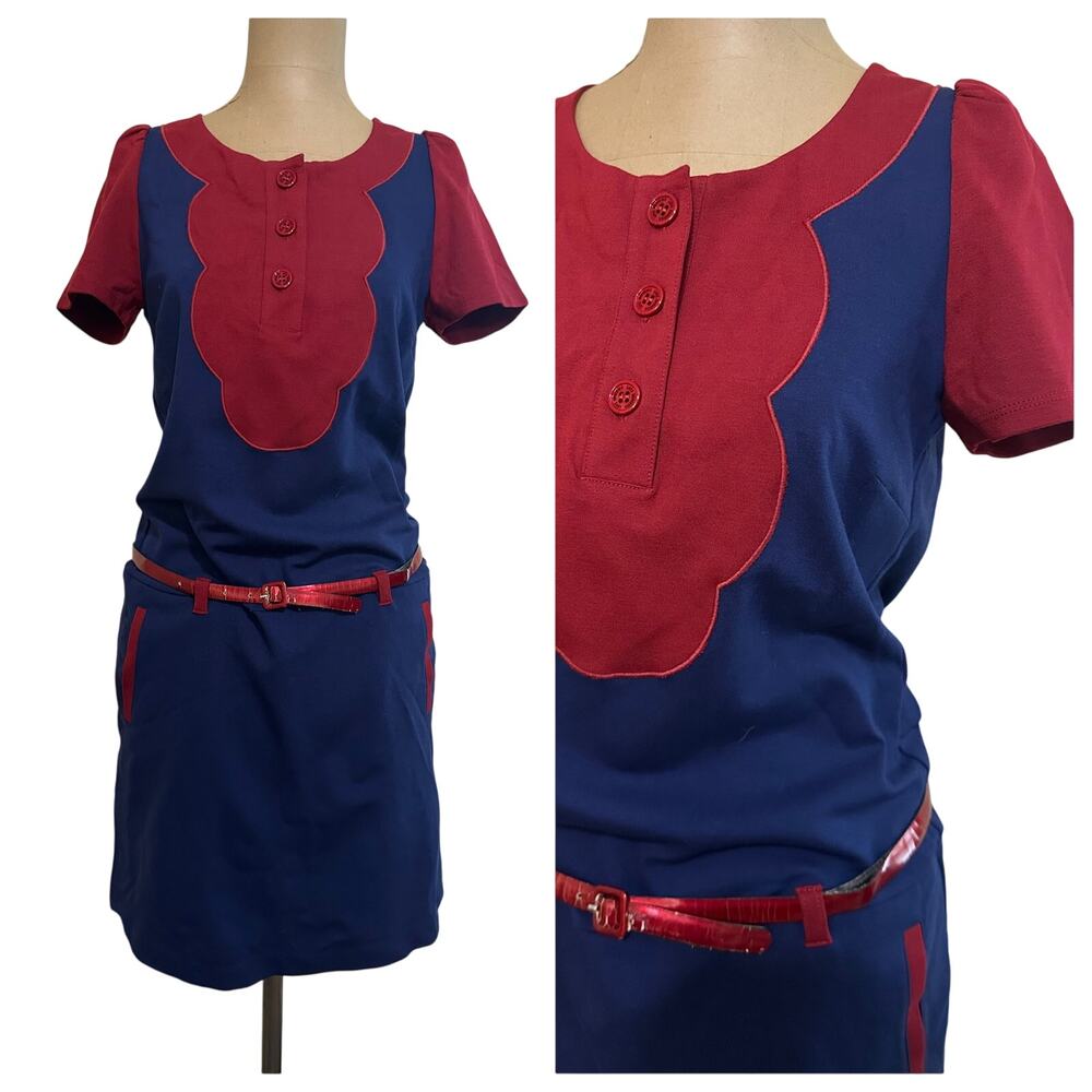 Love Moschino Mini Dress Jersey Red & Blue Short Sleeve Belted Mod 60s